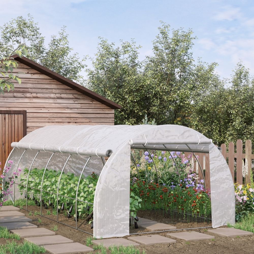 Serre tunnel de jardin pe acier galvanisé 597 x 300 x 200 cm blanche parois relevables - comfortxl outdoor living