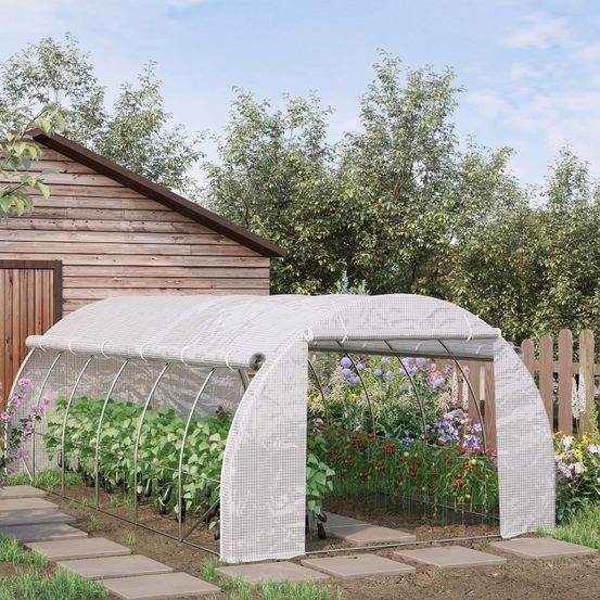 Serre tunnel de jardin pe acier galvanisé 597 x 300 x 200 cm blanche parois relevables - comfortxl outdoor living