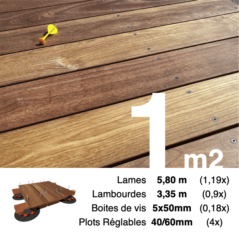 Kit complet terrasse bois exotique cumaru pour 1 m², lames 5,8 m, lambourdes 3,35 m, plots réglables et visserie inox.