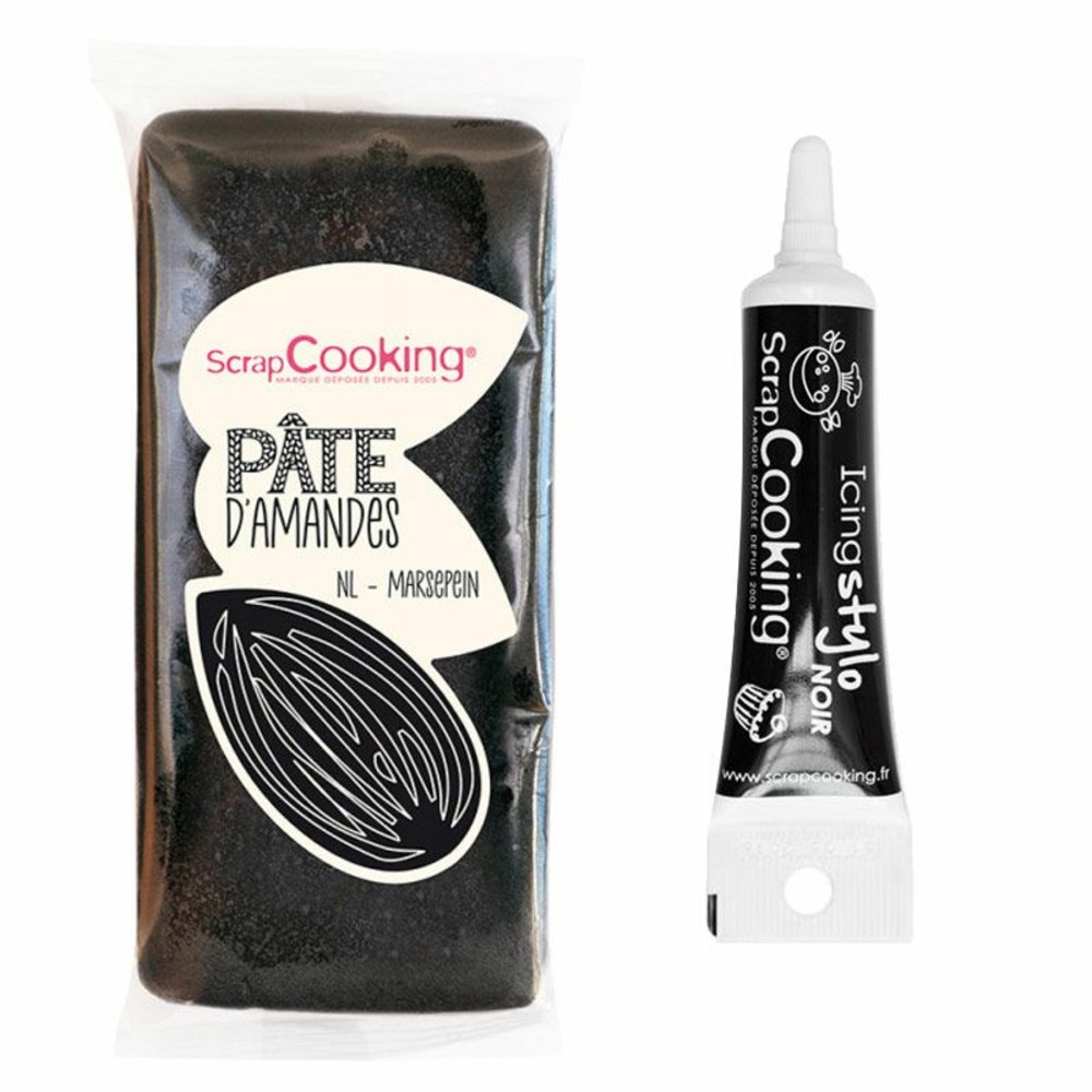 Pâte d'amande noire 200 g + stylo de glaçage noir
