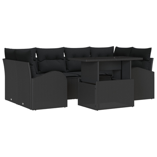 Ensemble de canapé de jardin 7 pièces avec coussins noir poly rattan