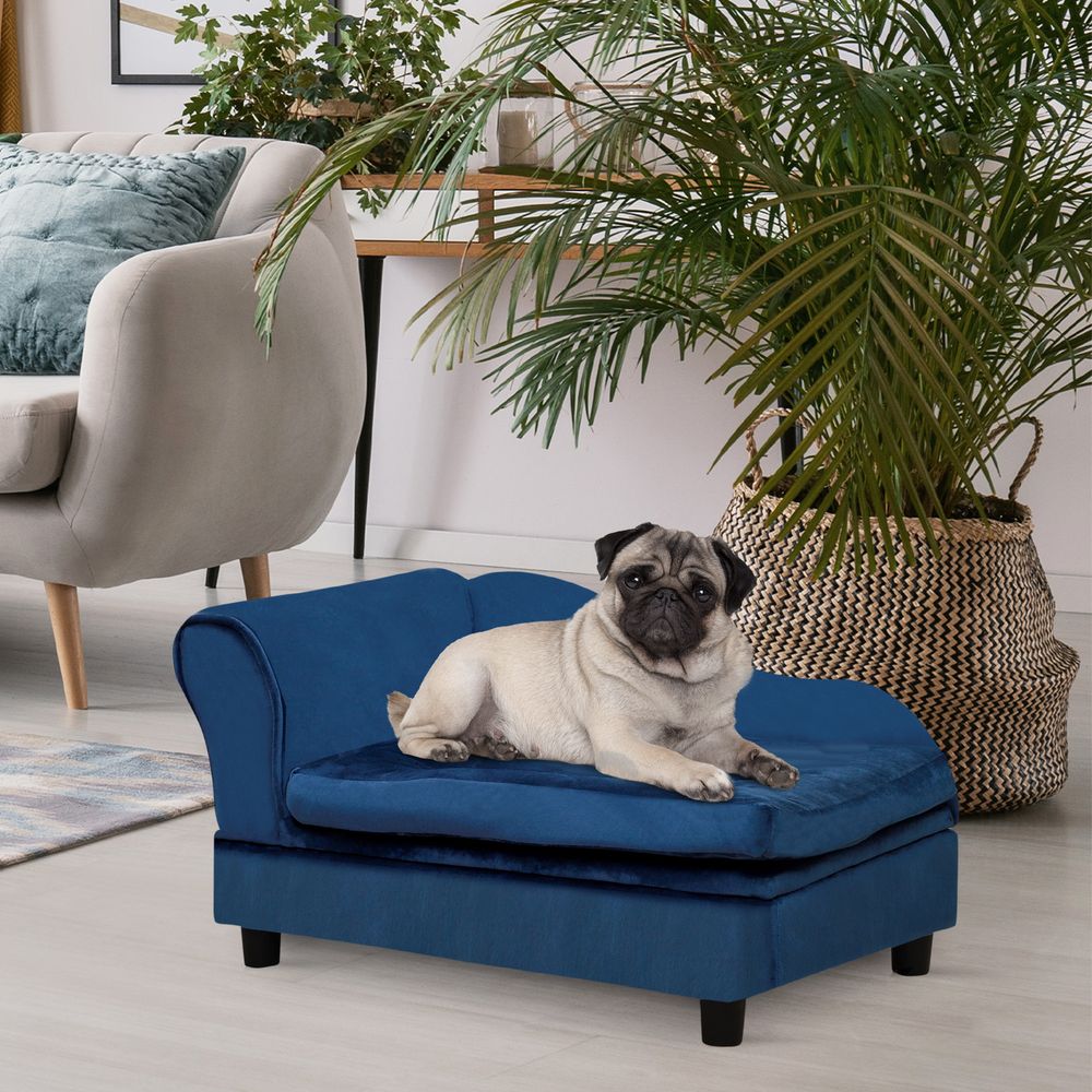 Canapé pour chien et chat en bois avec peluche bleue rangement intégré coussin moelleux charge 15 kg