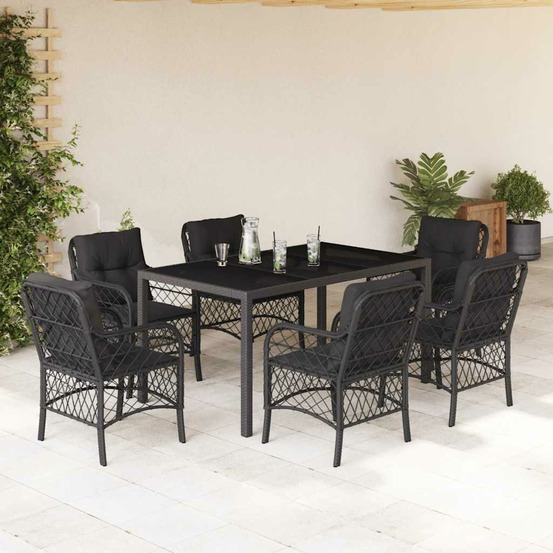 Ensemble à manger de jardin coussins 7pcs noir résine tressée