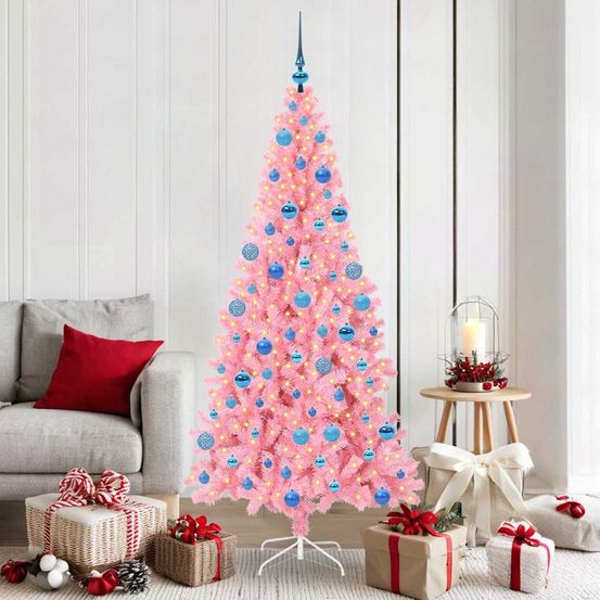 Kit complet sapin de noël rose 1.80m lumineux avec guirlande led et décorations incluses