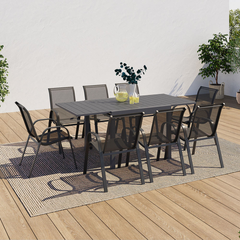 Salon de jardin poly table extensible 90-180 cm et 8 chaises gris foncé