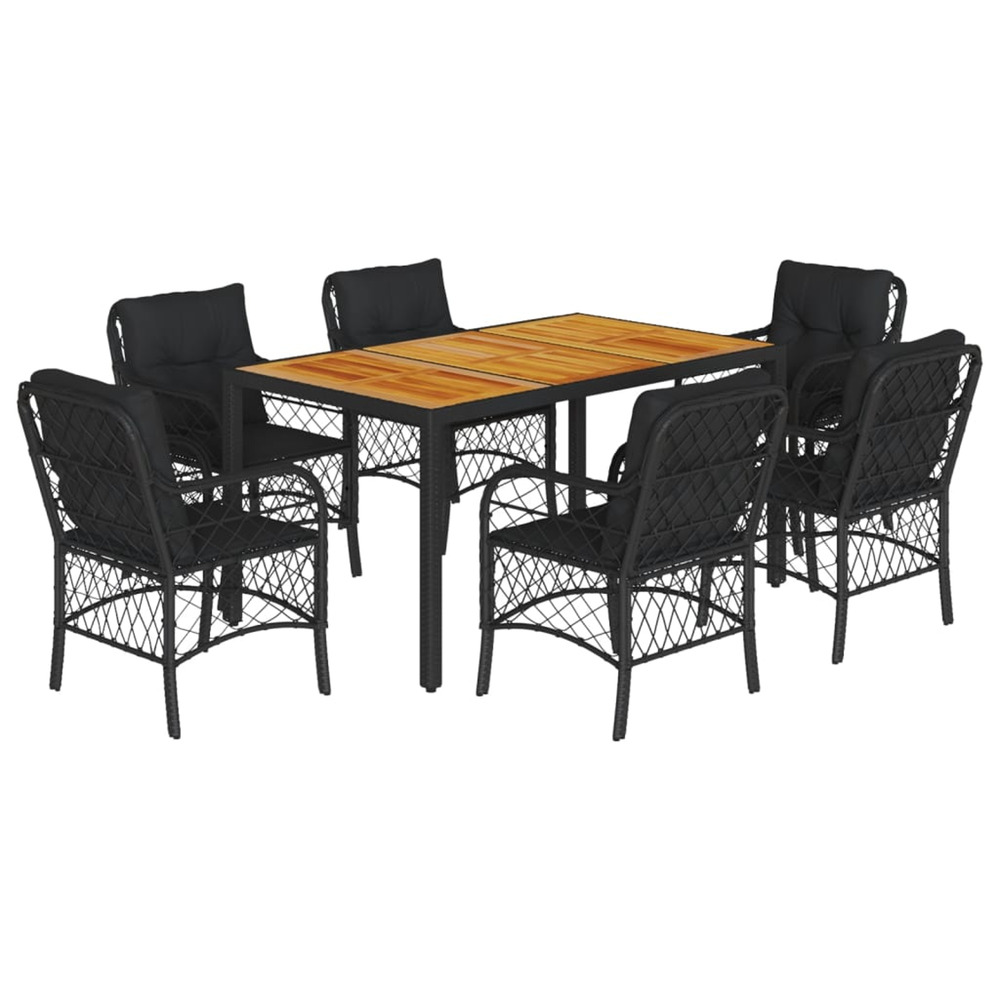 Ensemble à manger de jardin coussins 7pcs noir résine tressée