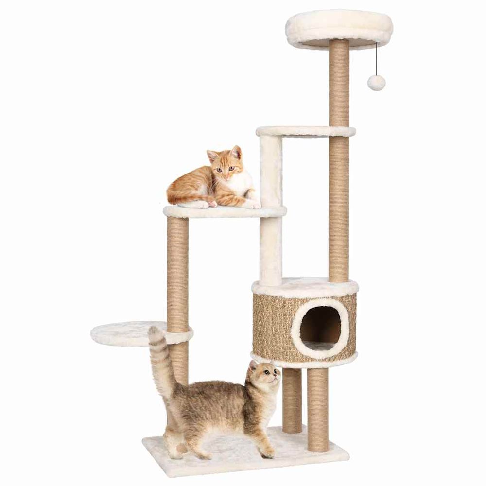 Arbre à chat 148 cm poteaux en herbe marine avec coussin et niche beige