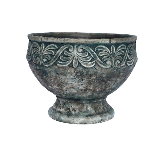 Coupe ronde sur pied en ciment vieilli bleuté ø.20,5 x ht.15 cm