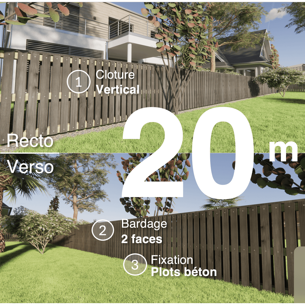 Kit clôture bois moderne 20m – h 0,9m – 20 x 70 mm noir par trempage – pose vertical – double face – à sceller