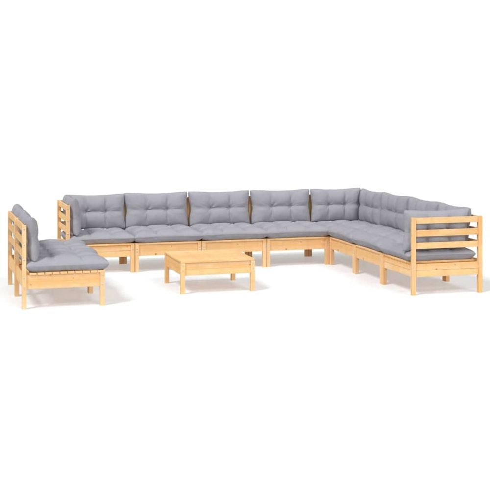 Salon de jardin 11 pcs avec coussins gris bois de pin solide