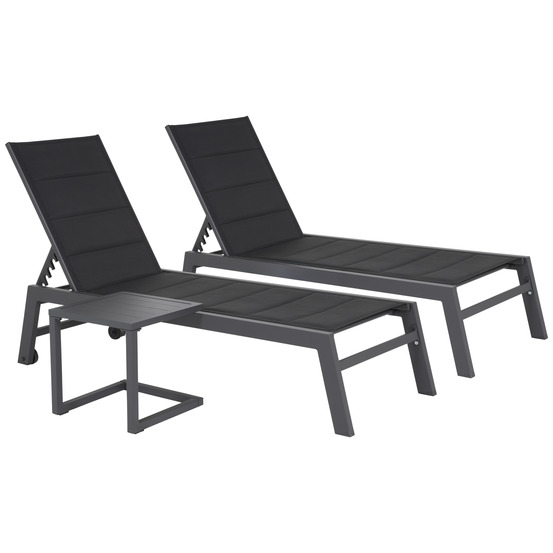 Set 2 transats et table d'appoint barbados textilène noir - aluminium gris