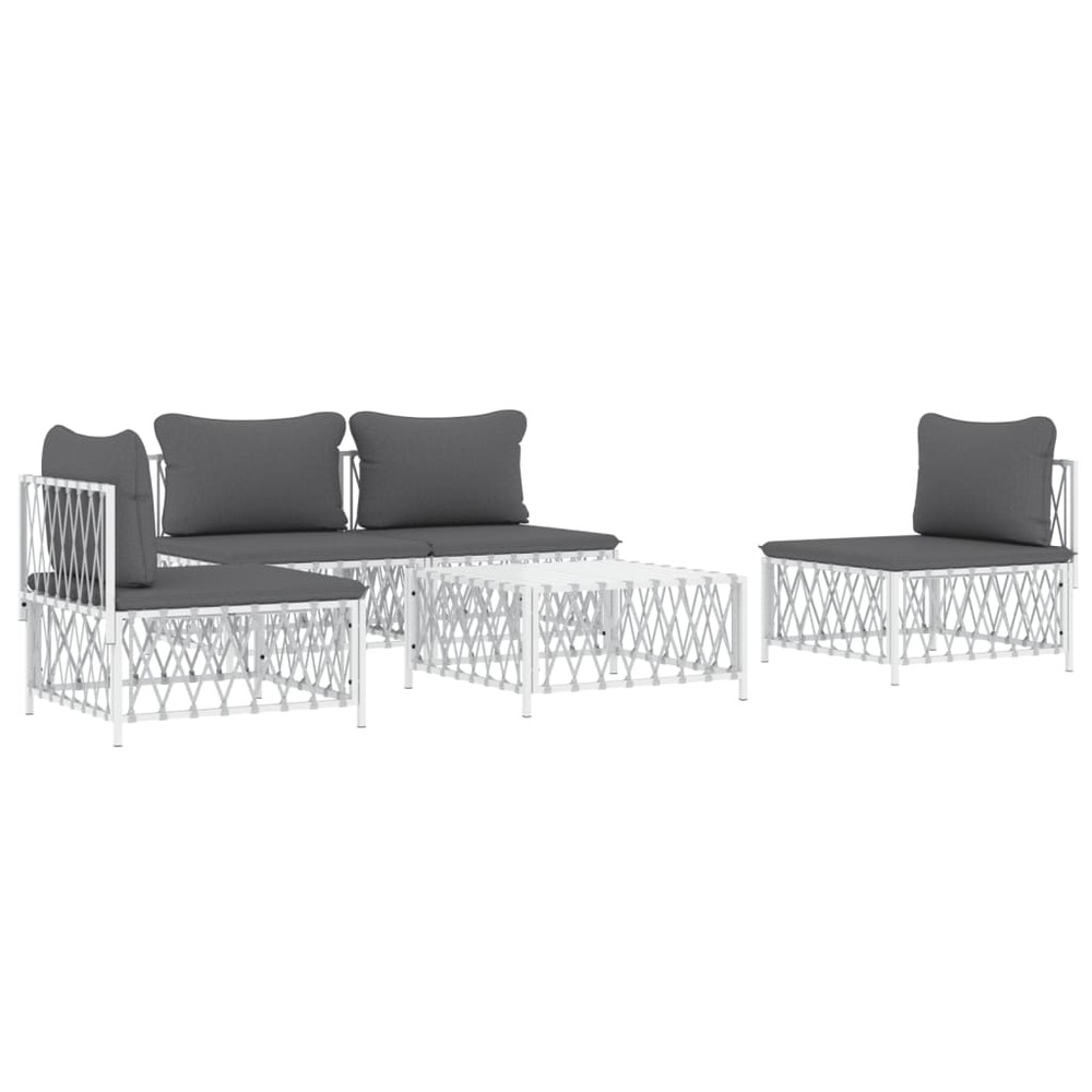 Salon de jardin meuble d'extérieur ensemble de mobilier avec coussins 5 pièces blanc acier
