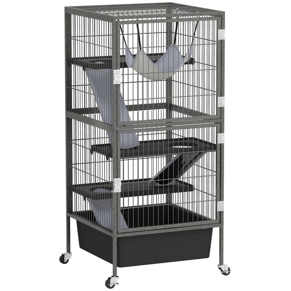 Grande cage rongeurs acier 4 niveaux avec rampes et roues 52x52x115cm gris