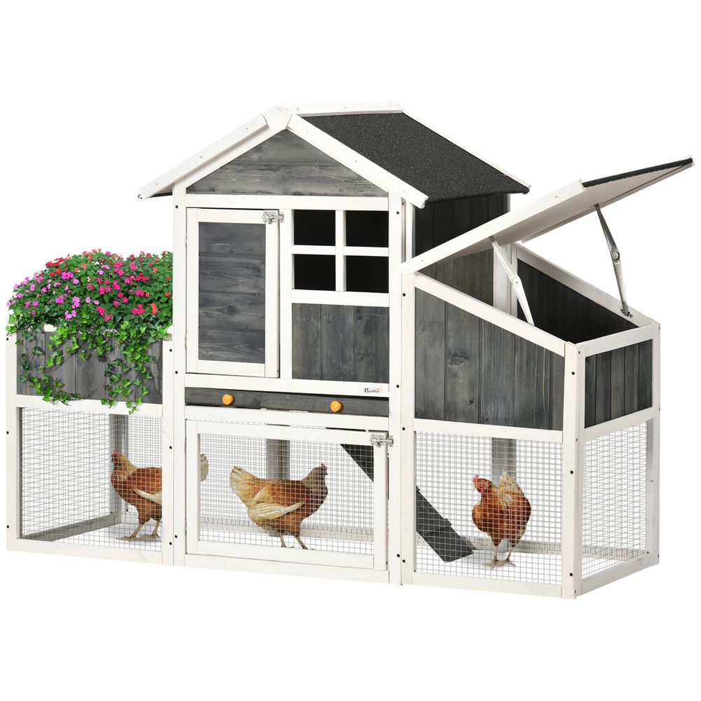 Poulailler en bois sapin pour 3 poules avec nichoir et enclos 162x63x115cm gris