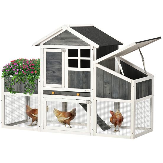 Poulailler en bois sapin pour 3 poules avec nichoir et enclos 162x63x115cm gris