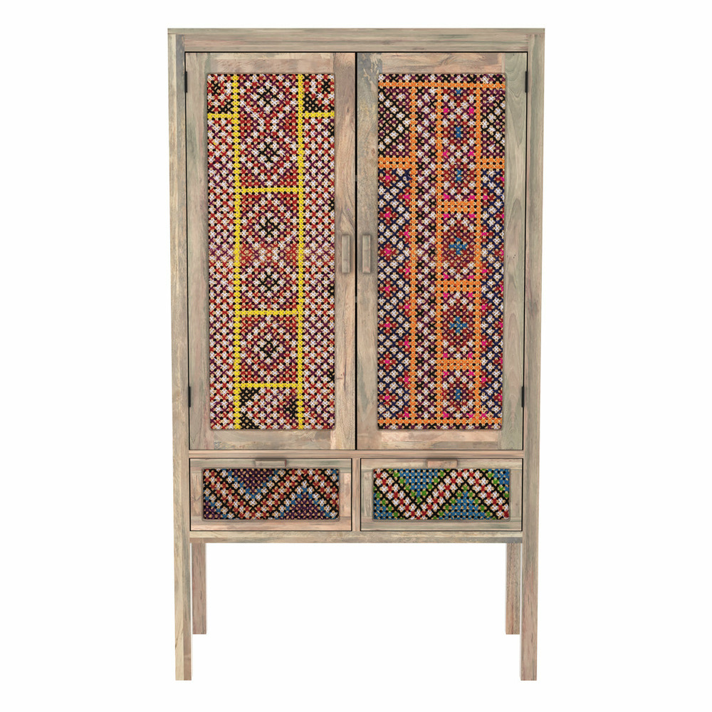 Massaï-armoire 2 portes 2 tiroirs en manguier et cannage coloré