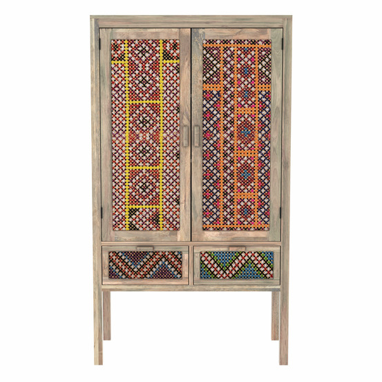 Massaï-armoire 2 portes 2 tiroirs en manguier et cannage coloré