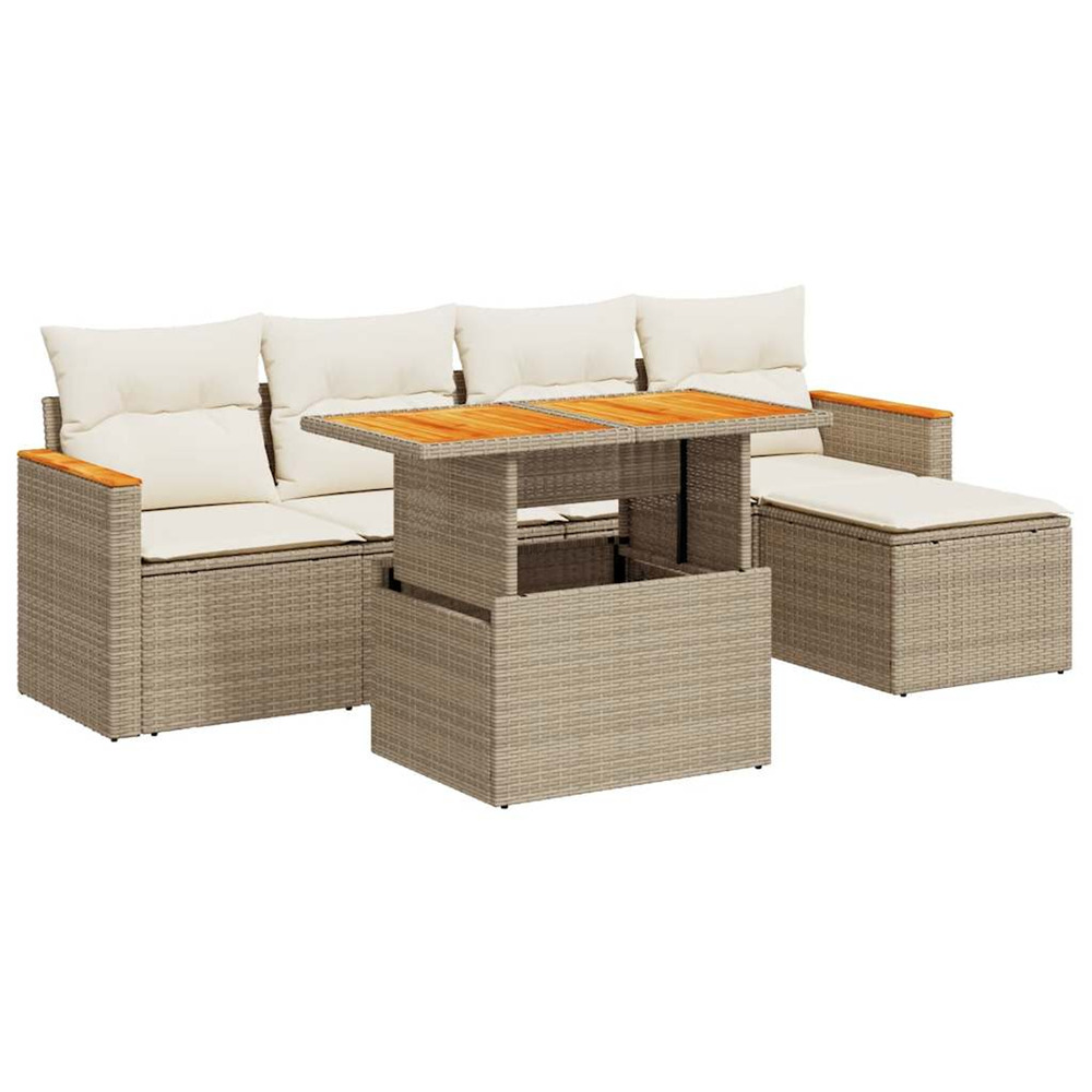 Salon de jardin 6 pcs avec coussins beige résine tressée acacia