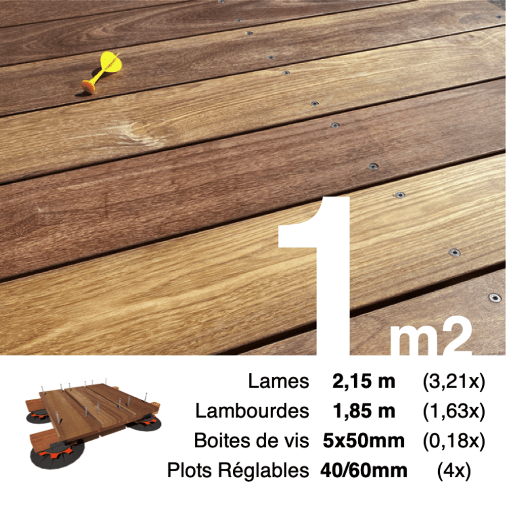 Kit complet terrasse bois exotique cumaru pour 1 m², lames 2,15 m, lambourdes 1,85 m, plots réglables et visserie inox.