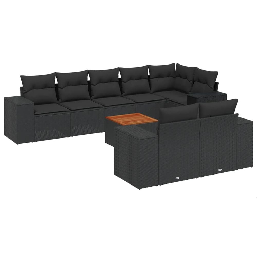 Salon de jardin 9 pcs avec coussins noir résine tressée