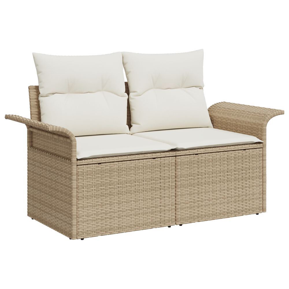Canapé de jardin 2 places avec rangement et coussins beige rattan