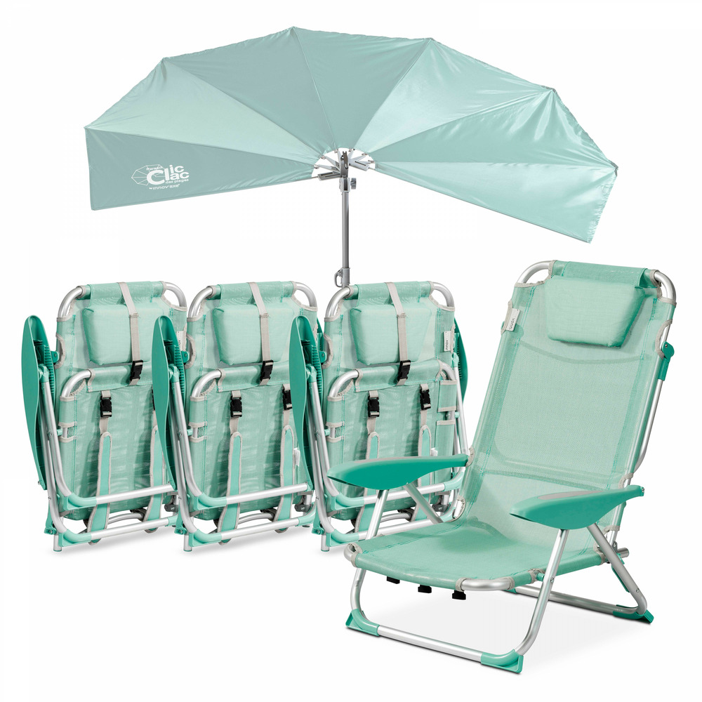 Lot 4 fauteuils clic clac et 1 parasol polyester vert
