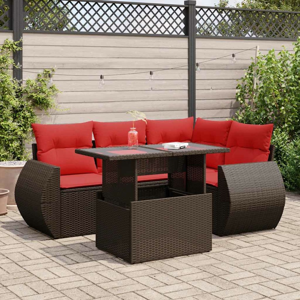 Salon de jardin avec coussins 5pcs marron résine tressée acacia