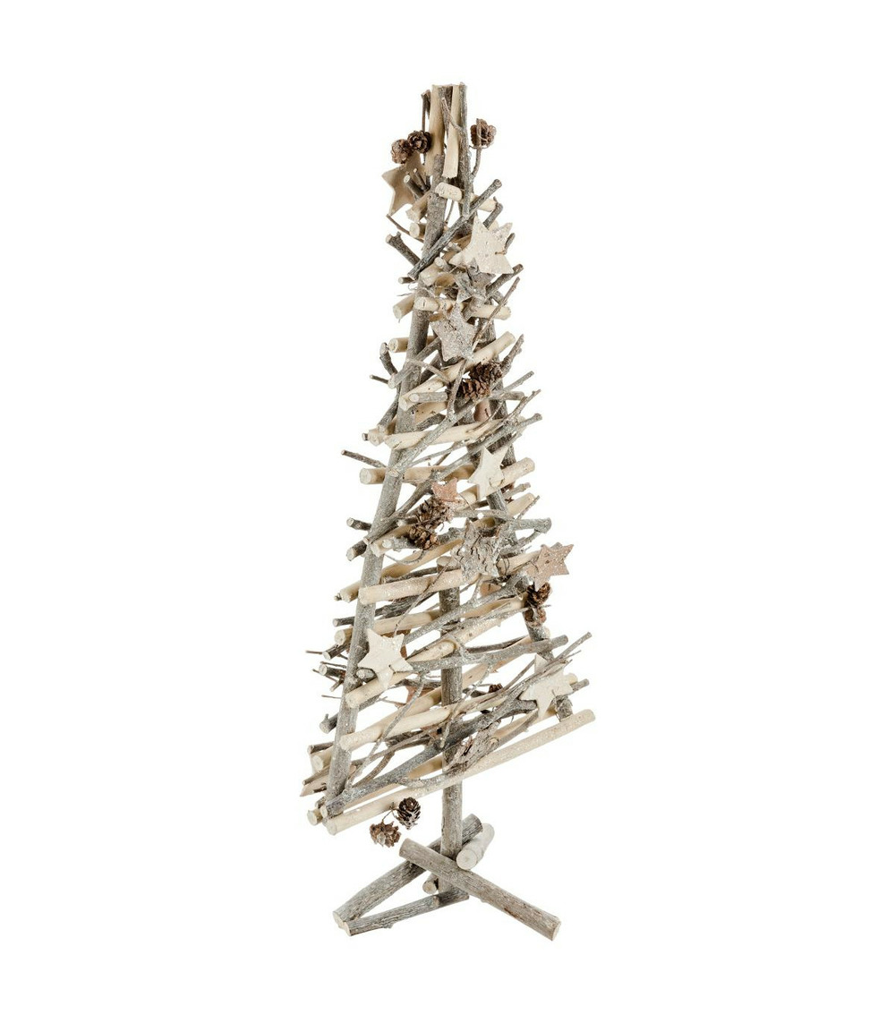 Sapin en bois blanc avec déco nature pommes de pin et etoiles blanches h 56 cm