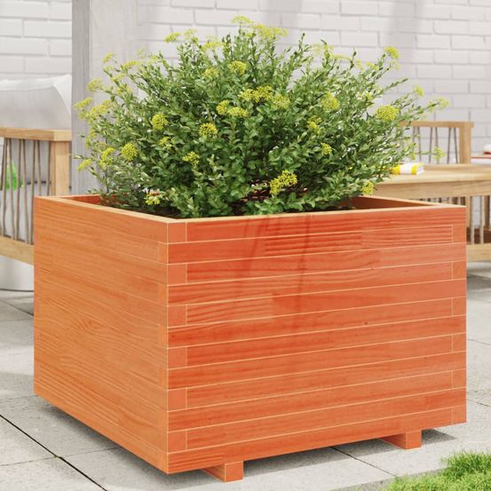 Jardinière carrée bois de pin 70cm finition cire marron pour jardin