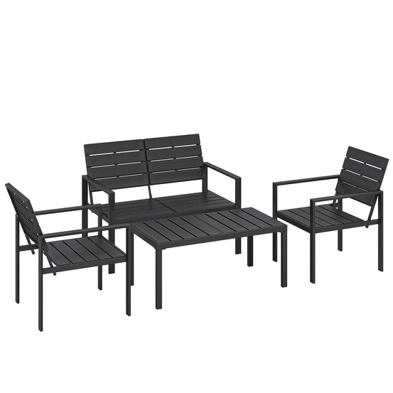 Salon de jardin 4 places : canapé 2 places + 2 fauteuils + table d'appoint, design lamelles, noir