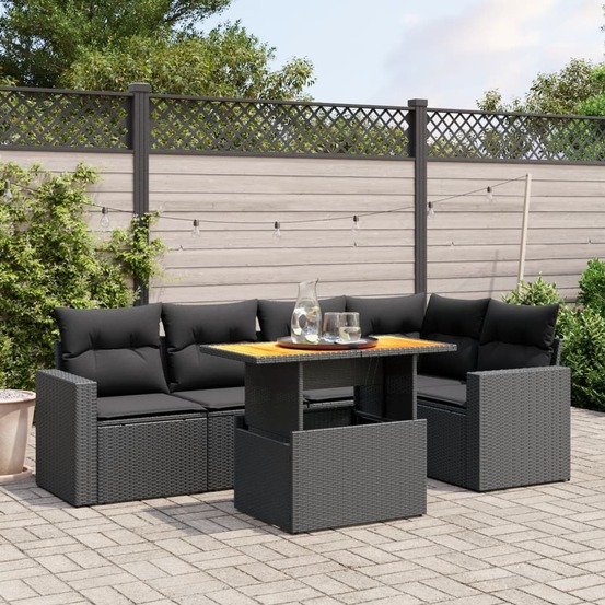 Salon de jardin 6 pcs avec coussins noir résine tressée