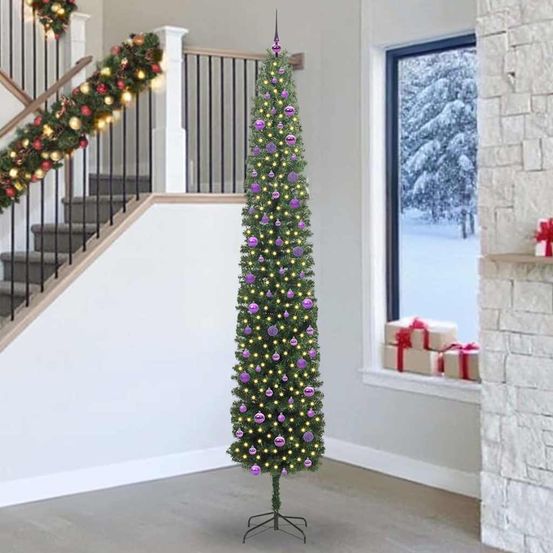 Sapin de noël artificiel 270 cm, décoration complète avec guirlande 300 led et 120 boules