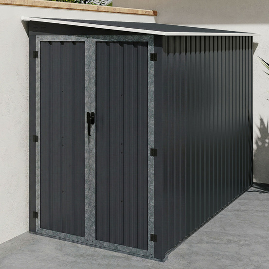 Abri de jardin adossé 3 m² gris en acier galvanisé avec base double porte latérale