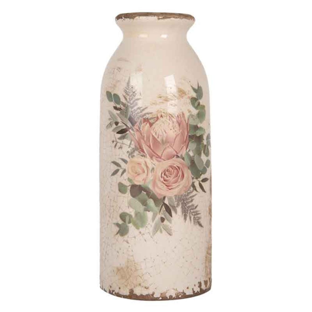 Vase soliflore floral vintage en céramique beige et rose 8x20cm