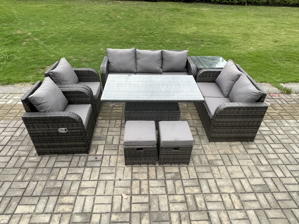 Ensemble de salle à manger jardin ave table à manger réglable en hauteur 2 chaises inclinable canapé d'amour 2 tabourets