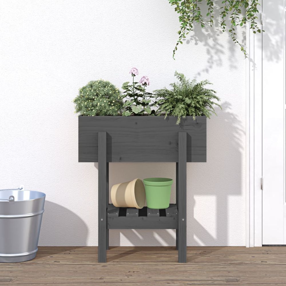 Jardinière sur pieds bois de pin avec étagère pour jardin balcon gris 62cm