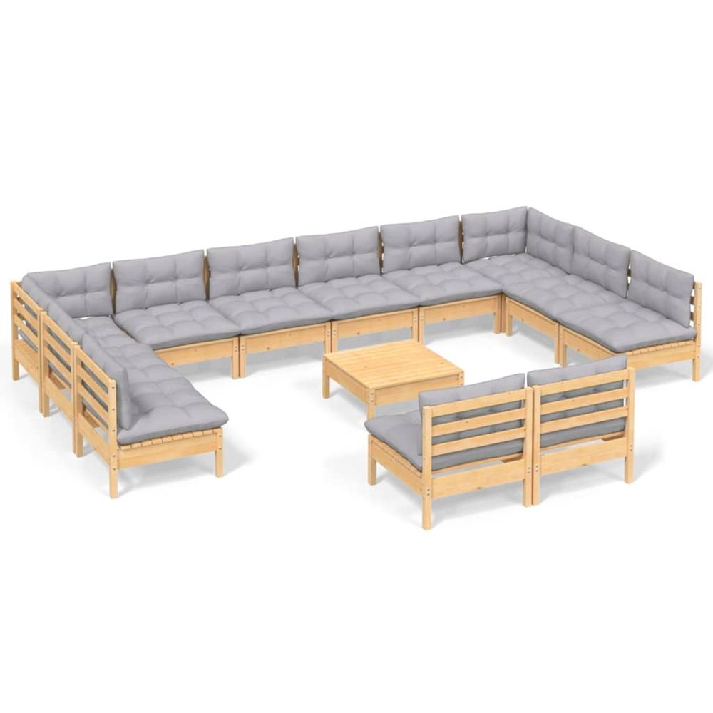 Salon de jardin 13 pcs avec coussins gris bois de pin solide