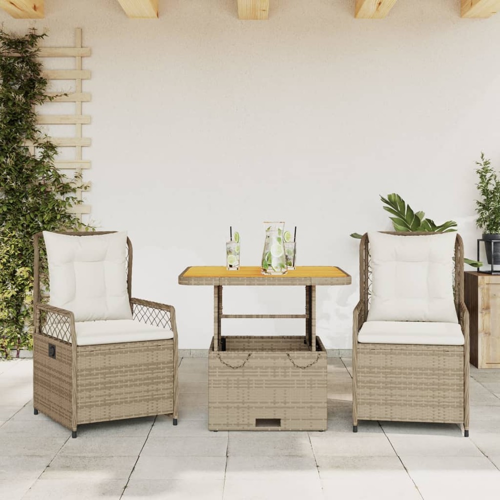 Ensemble à manger de jardin et coussins 3 pcs beige poly rotin