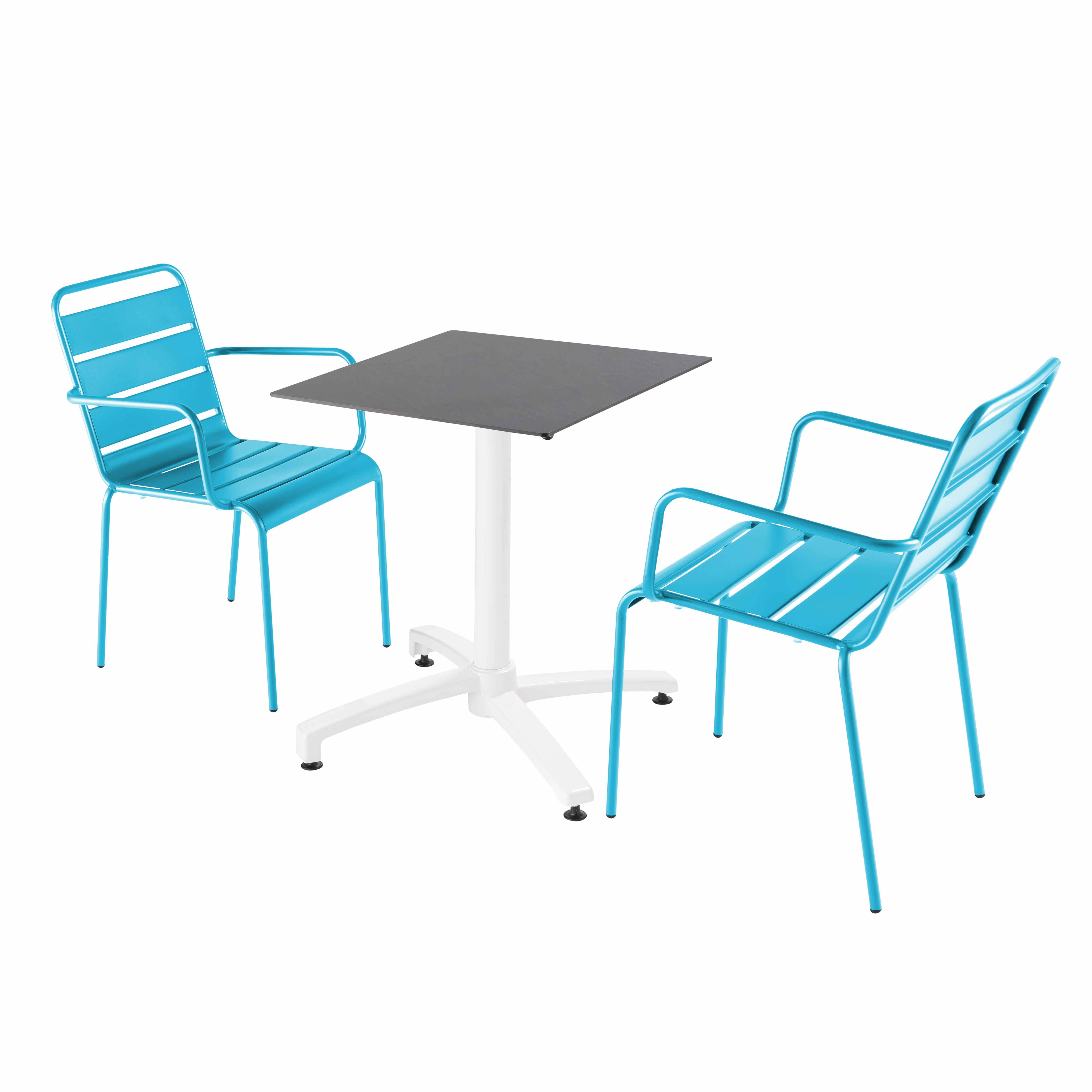 Ensemble table de terrasse stratifié ardoise et 2 fauteuils bleu