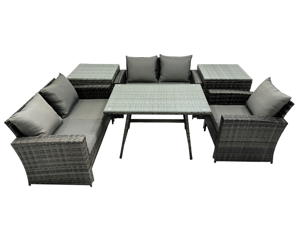 Ensemble de canapé en rotin extérieur avec table à manger rectangulaire canapé à deux places 2 tables d'appoint gris foncé mixte