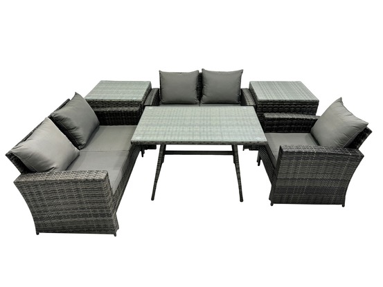 Ensemble de canapé en rotin extérieur avec table à manger rectangulaire canapé à deux places 2 tables d'appoint gris foncé mixte