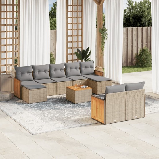 Salon de jardin avec coussins 10 pcs beige résine tressée