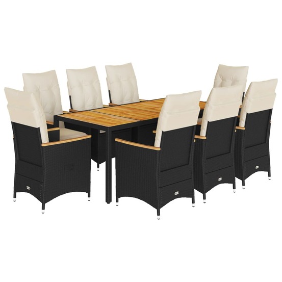 Ensemble à manger de jardin 9pcs coussins noir résine tressée