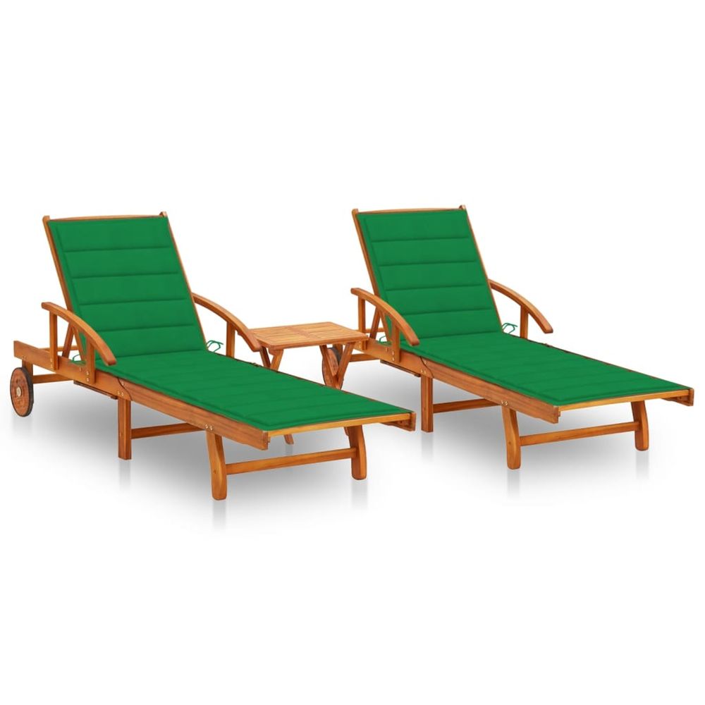 Chaises longues lot de 2 avec table et coussins acacia solide