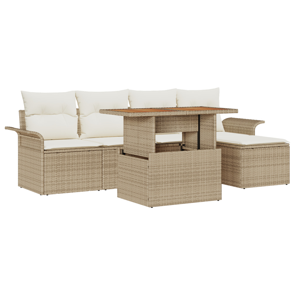 Ensemble de salle à manger de jardin 6 pièces avec coussins beige rattan acacia