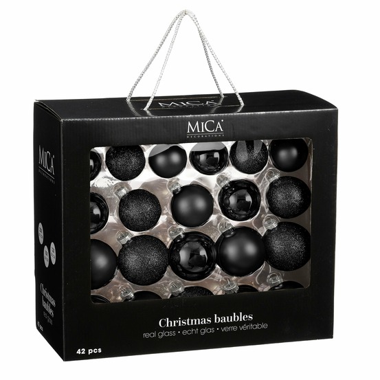 Mica decorations boules de noël - 42 pièces - ø7 cm - verre - noir