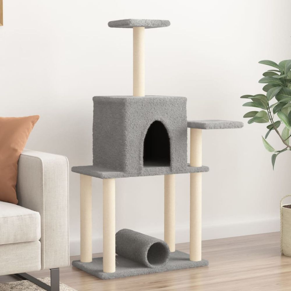 Arbre à chat 122 cm sisal avec niche tunnel et plateformes gris clair