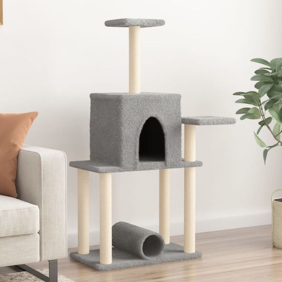 Arbre à chat 122 cm sisal avec niche tunnel et plateformes gris clair