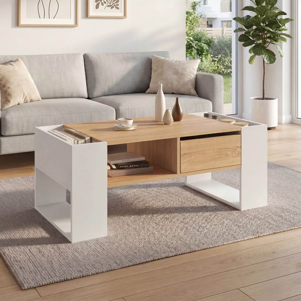 Table basse rectangulaire beryl avec tiroir bois blanc et façon hêtre