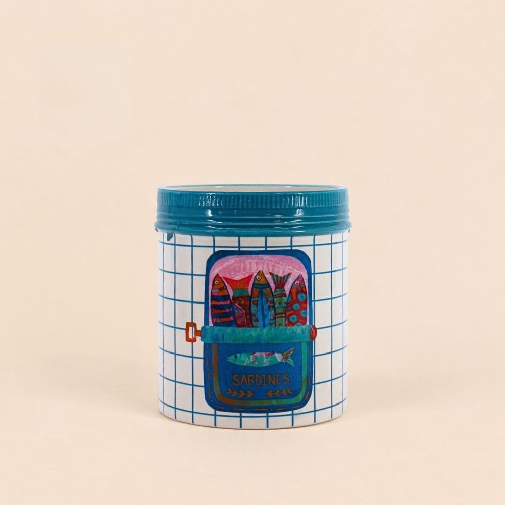 Vase en céramique sardines quadrillé bleu et blanc, h15cm